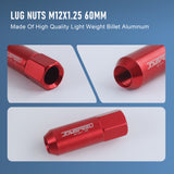 JDMSPEED 20Pcs Red 60MM M12X1.25 Aluminum Extended Wheel Rim Lug Nuts For Infiniti Subaru