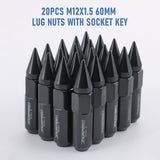 JDMSPEED 20PCS Black Cap Spiked Extended Tuner Aluminum M12X1.5 60mm Wheel Rim Lug Nuts