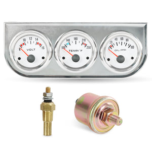 JDMSPEED 2'' 52mm Mechanical Triple 3 Gauge Set Chrome Oil Pressure Volt Meter Water Temp