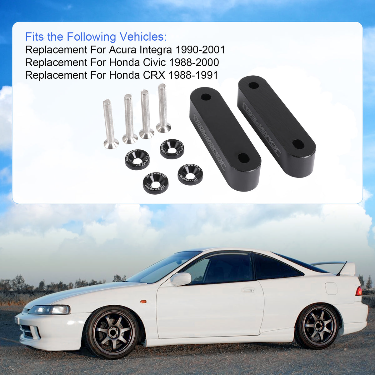 JDMSPEED Black Hood Spacer Risers Kit For Honda Civic Acura Integra – 10mm Billet Aluminum