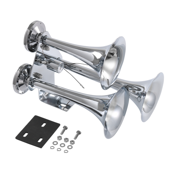 JDMSPEED 12V Chrome Impact 152db 3 Triple Trumpet Air Horn Kit Huge Deep Loud Train Sound