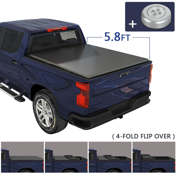 5.8FT 4-Fold Soft Tonneau Cover For GMC Sierra / Chevy Silverado 1500 (2007-2013) - Locking, Black
